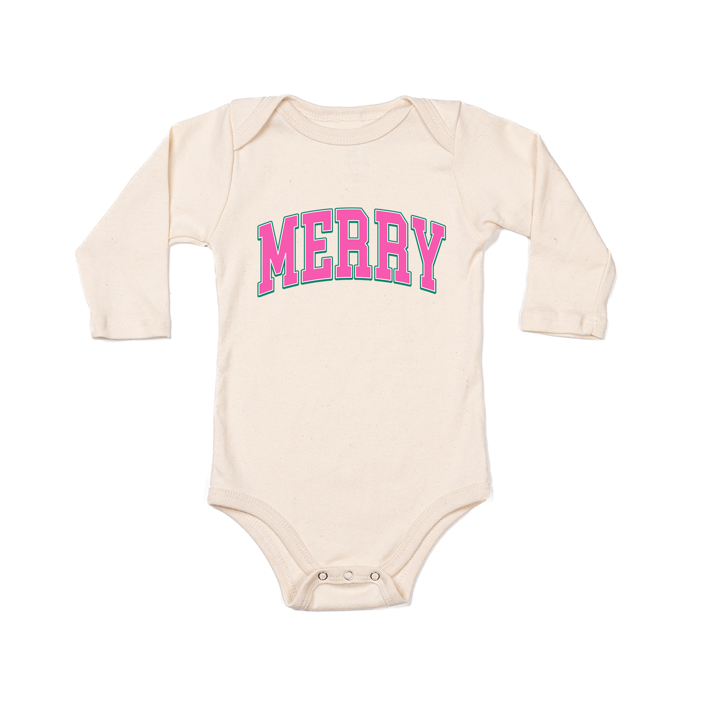 Merry Varsity (Pink) - Bodysuit (Natural, Long Sleeve)