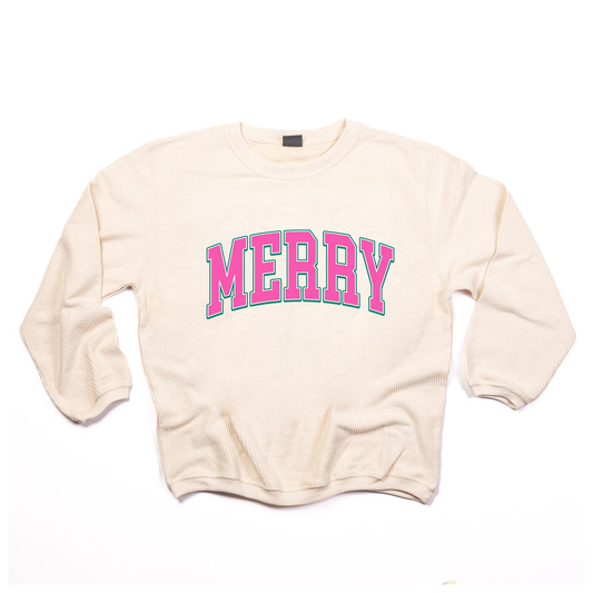 Merry Varsity (Pink) - Corded Sweatshirt (Ivory)