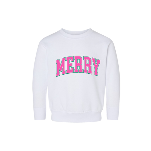 Merry Varsity (Pink) - Kids Sweatshirt (White)
