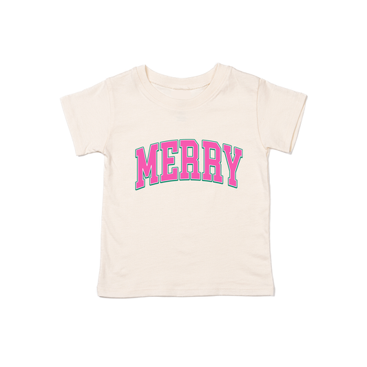 Merry Varsity (Pink) - Kids Tee (Natural)