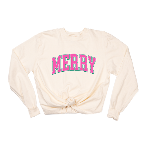 Merry Varsity (Pink) - Tee (Vintage Natural, Long Sleeve)