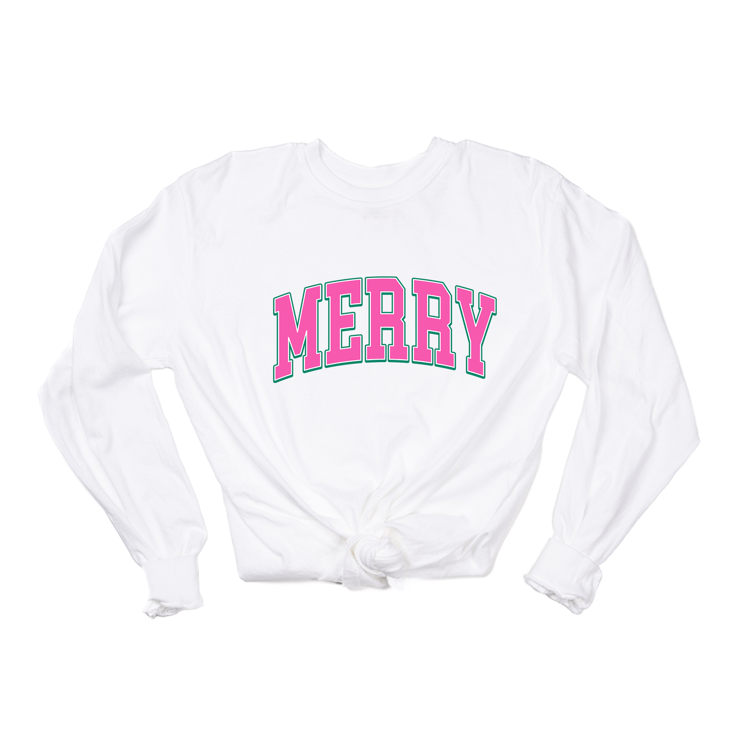 Merry Varsity (Pink) - Tee (Vintage White, Long Sleeve)