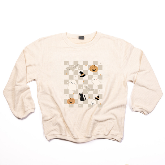 Neutral Spooky Checkered - Corded Sweatshirt (Ivory)