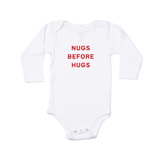 Nugs Before Hugs (Red) - Bodysuit (White, Long Sleeve)