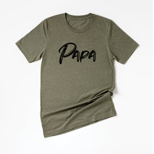 Papa (Brushed, Black, Across Front) - Tee (Olive)
