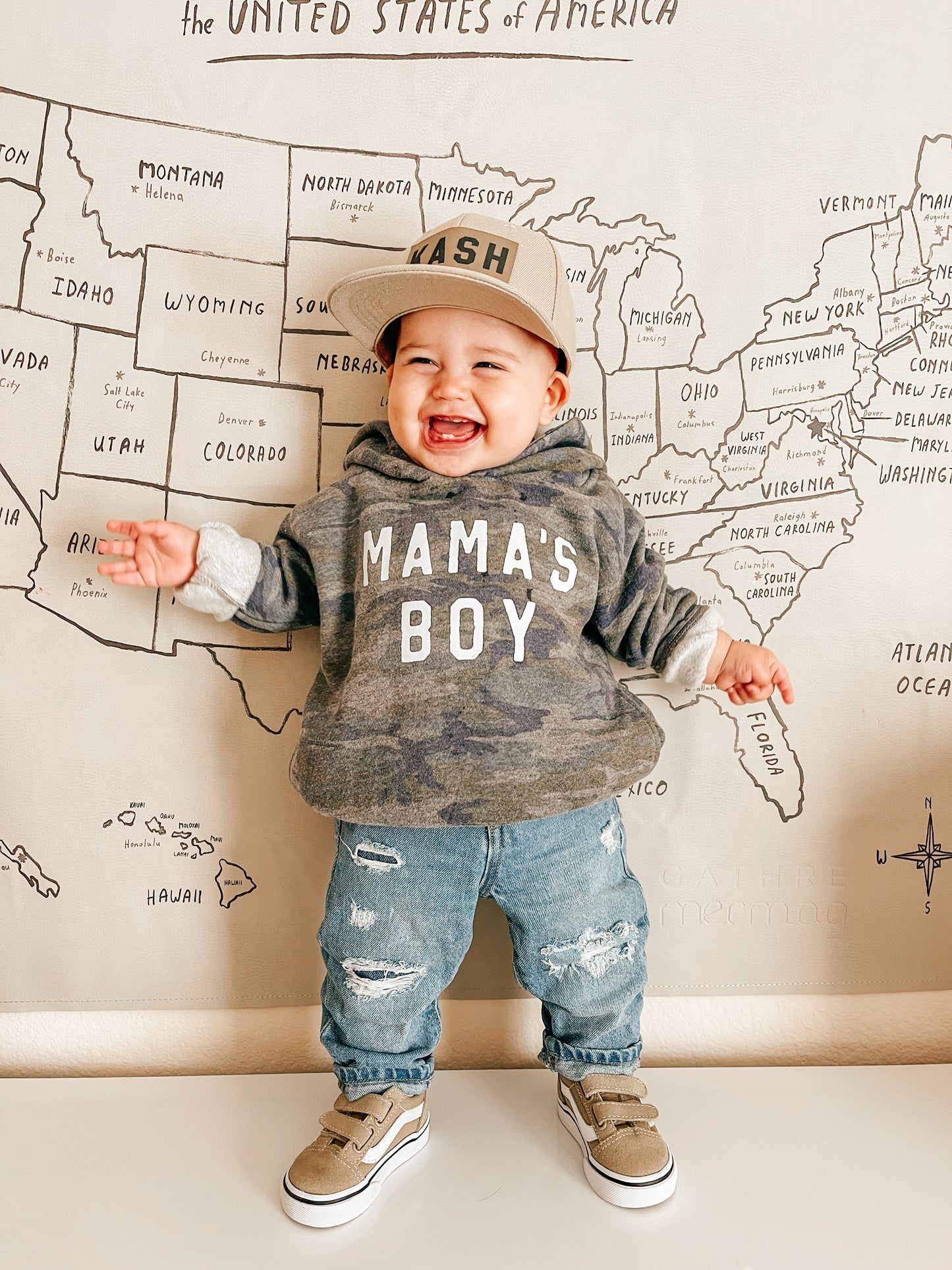 Mama's Boy (White) - Kids Hoodie (Vintage Camo)