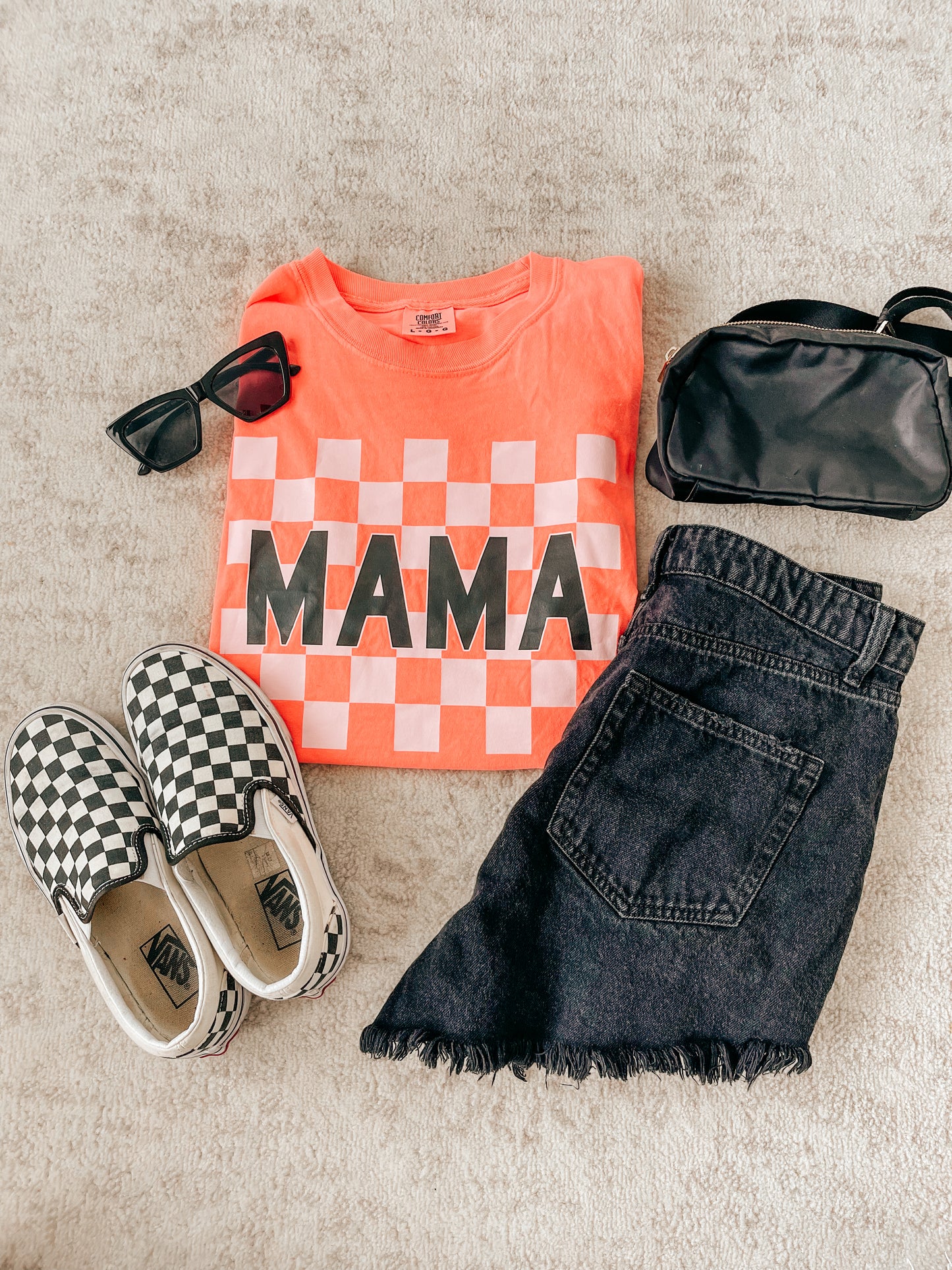 Mama Checkered (Neon, Across Front) - Tee (Neon Coral)