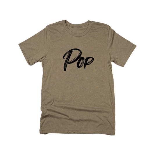 Pop (Brushed, Black, Across Front) - Tee (Olive)