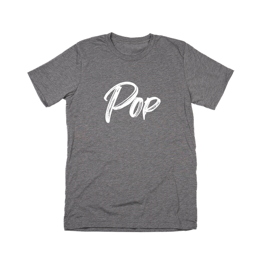 Pop (Brushed, White, Across Front) - Tee (Gray)