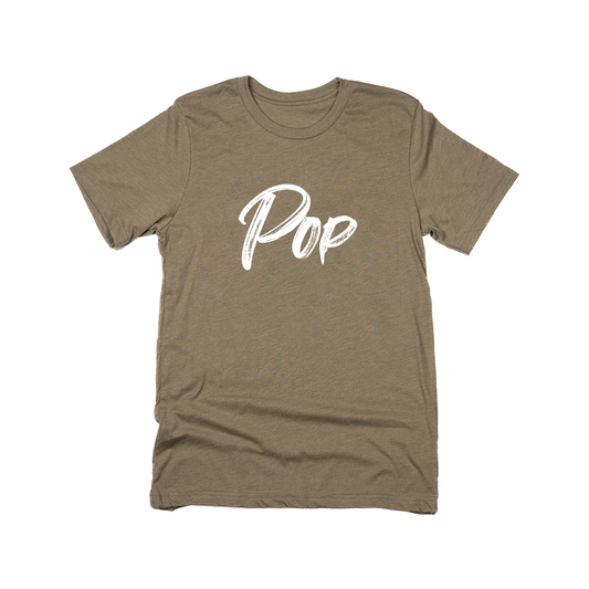 Pop (Brushed, White, Across Front) - Tee (Olive)