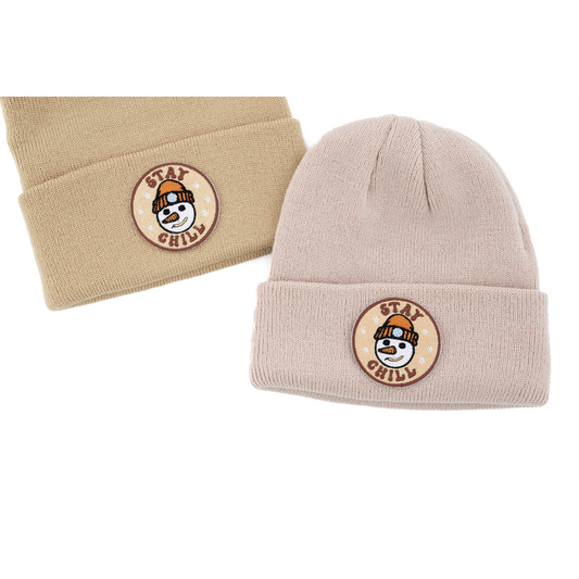 Stay Chill Snowman (Embroidered Patch) - Infant/Toddler Beanie (Tan)