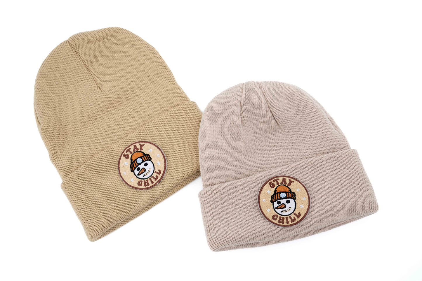 Stay Chill Snowman (Embroidered Patch) - Youth/Adult Beanie (Khaki)