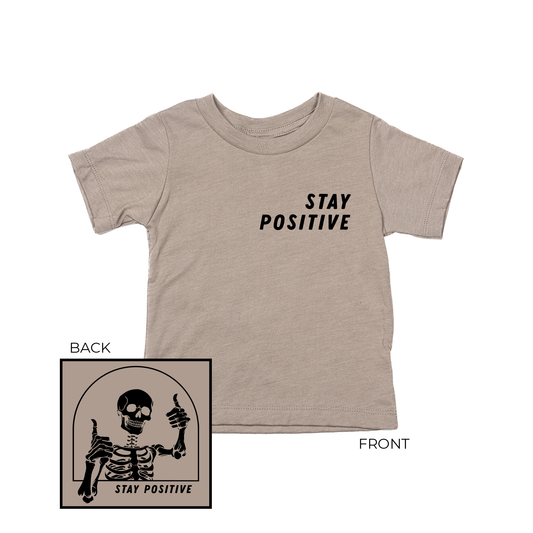 Stay Positive Skeleton (Black, Front and Back) - Kids Tee (Pale Moss)