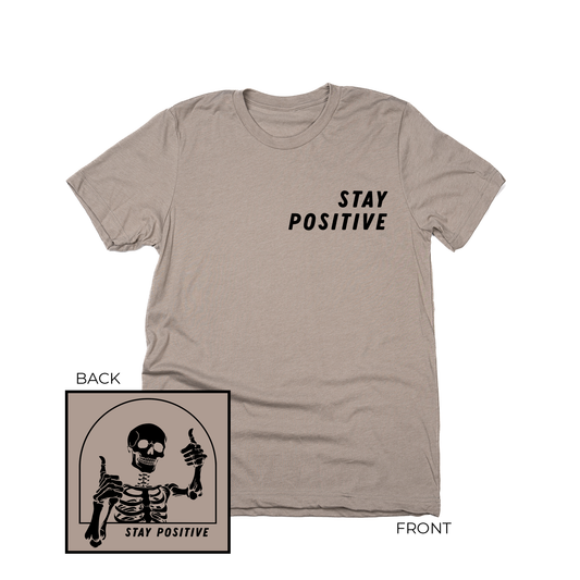 Stay Positive Skeleton (Black, Front and Back) - Tee (Pale Moss)