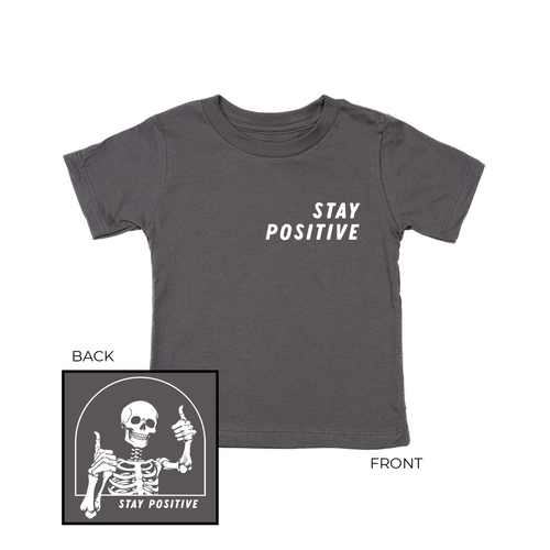 Stay Positive Skeleton (White, Front and Back) - Kids Tee (Ash)