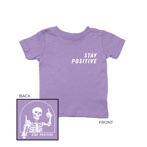 Stay Positive Skeleton (White, Front and Back) - Kids Tee (Lavender)