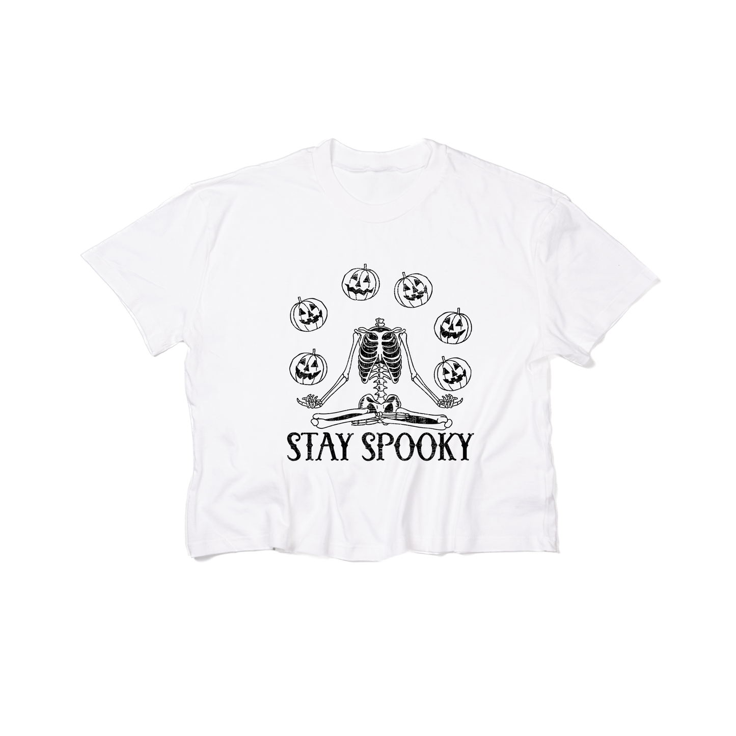 Stay Spooky Pumpkin Head Skeleton - Cropped Tee (White)