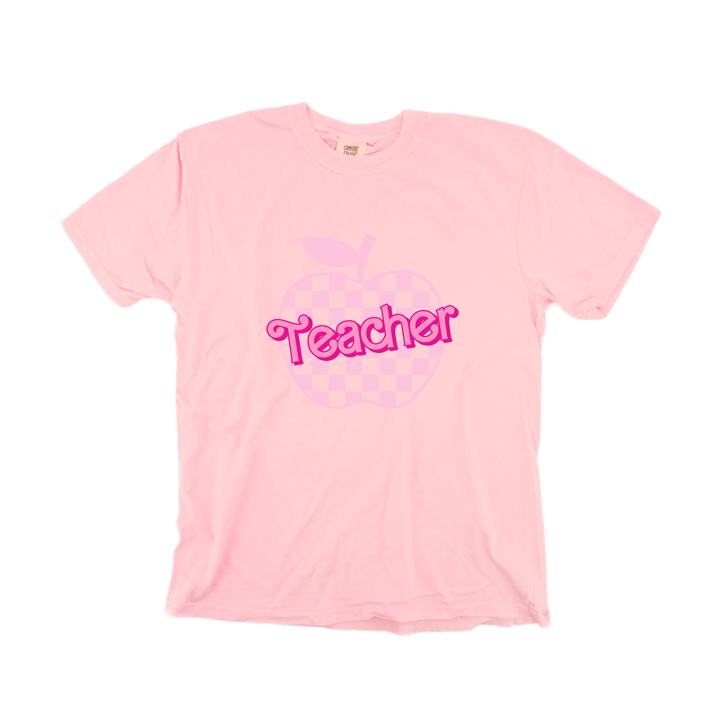 Checkered Apple Teacher (Across Front) - Tee (Pale Pink)