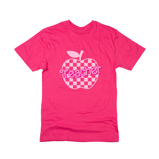 Checkered Apple Teacher (Across Front) - Tee (Hot Pink)