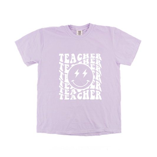 Teacher Lightning Smiley (White) - Tee (Pale Purple)