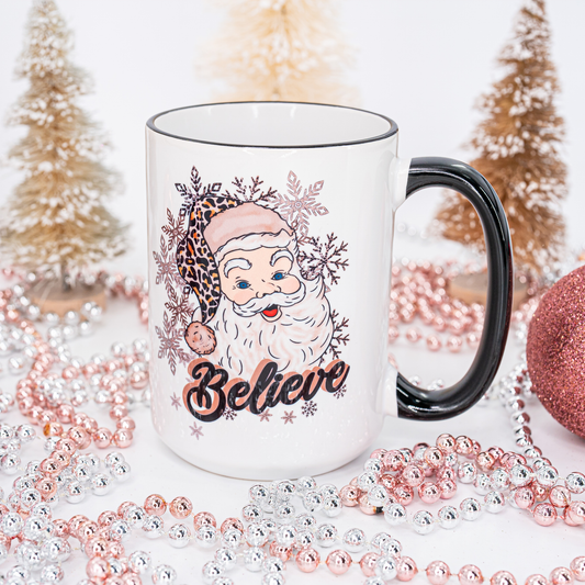Believe Leopard Santa - Coffee Mug (Black Handle & Rim)