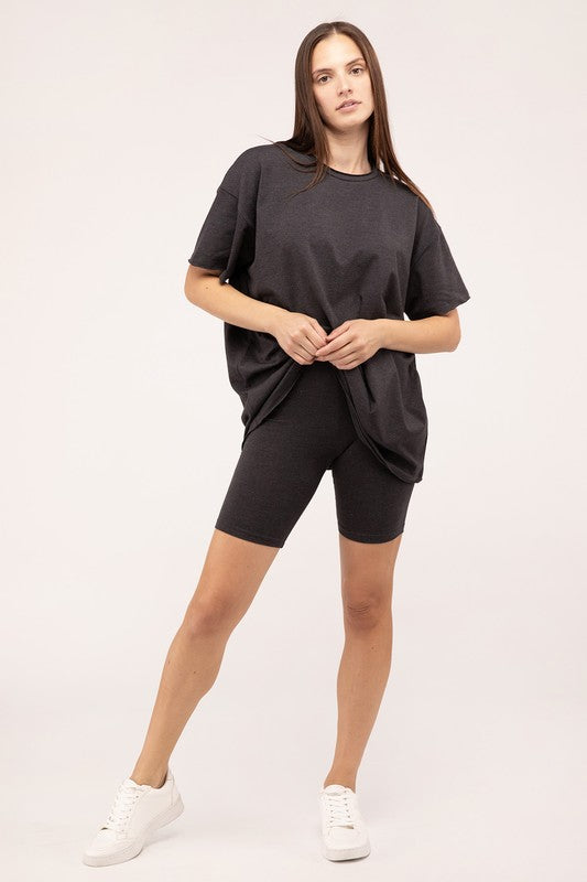 Cotton Round Neck Top & Biker Shorts Set (5 color options)