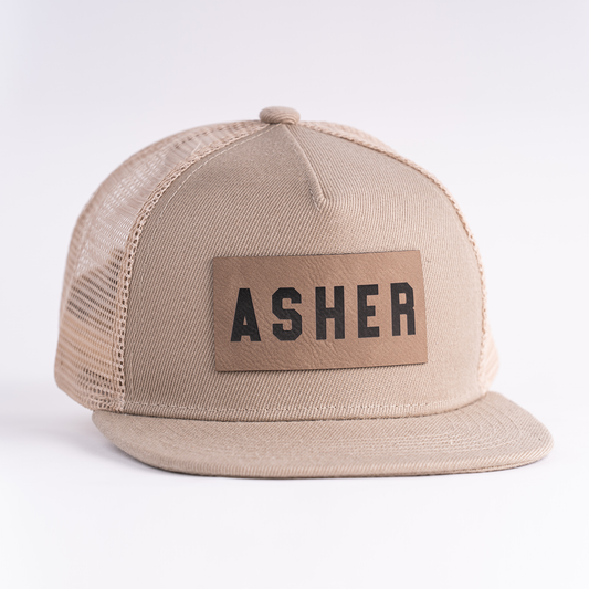 ASHER (Leather Custom Name Patch) - Kids Trucker Hat (Khaki)