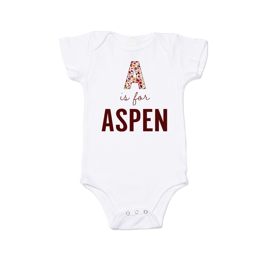 A is for Aspen (Custom Name) - Bodysuit (White, Short Sleeve)
