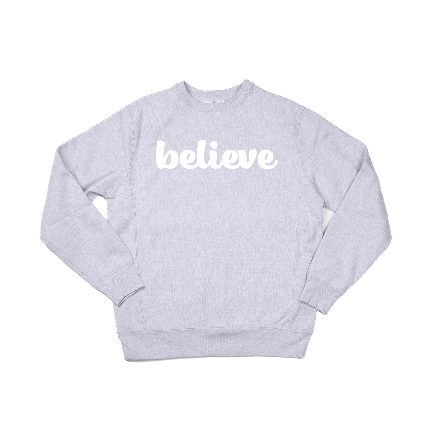 Believe (Thick Cursive, White) - Heavyweight Sweatshirt (Heather Gray)