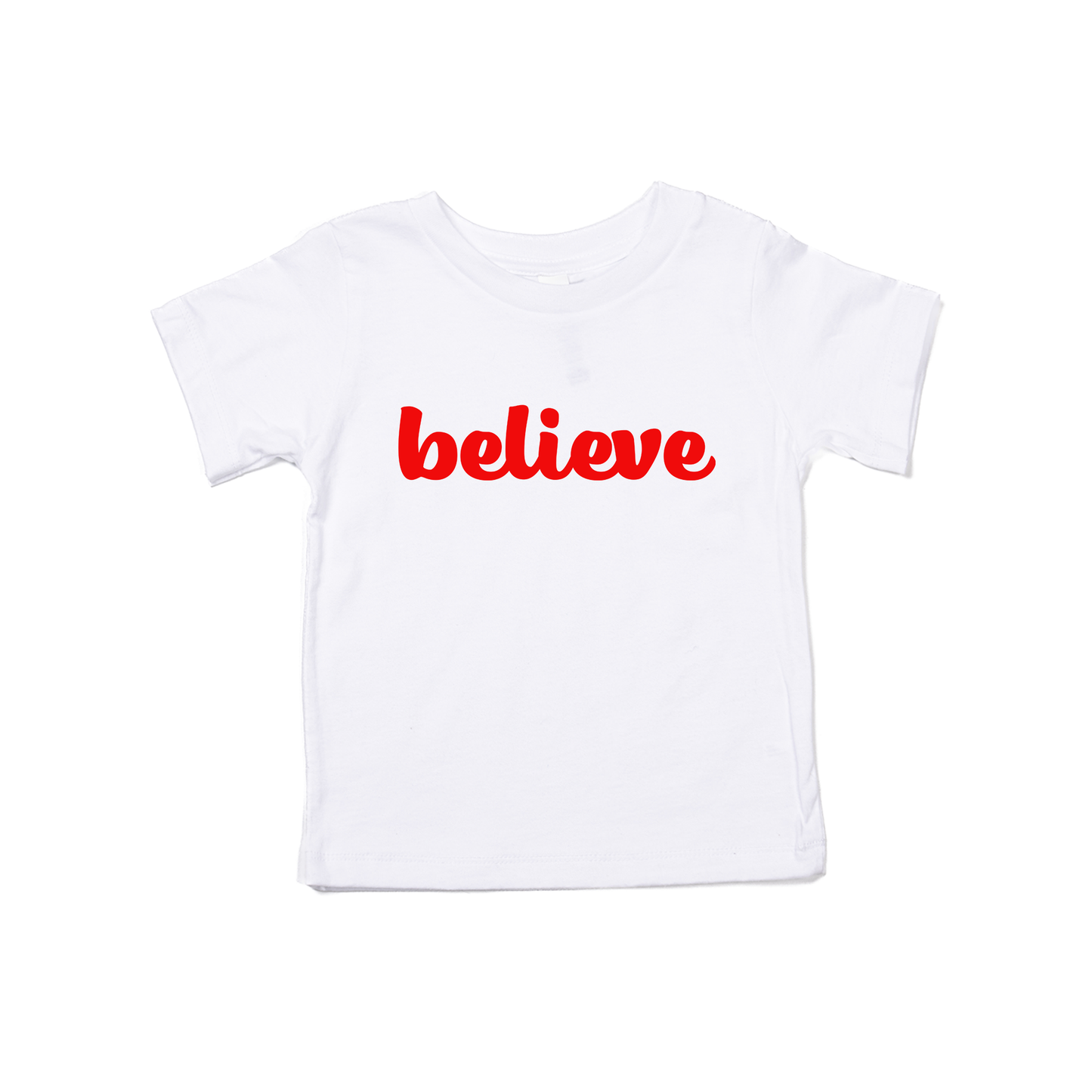 Believe (Thick Cursive, Red) - Kids Tee (White)