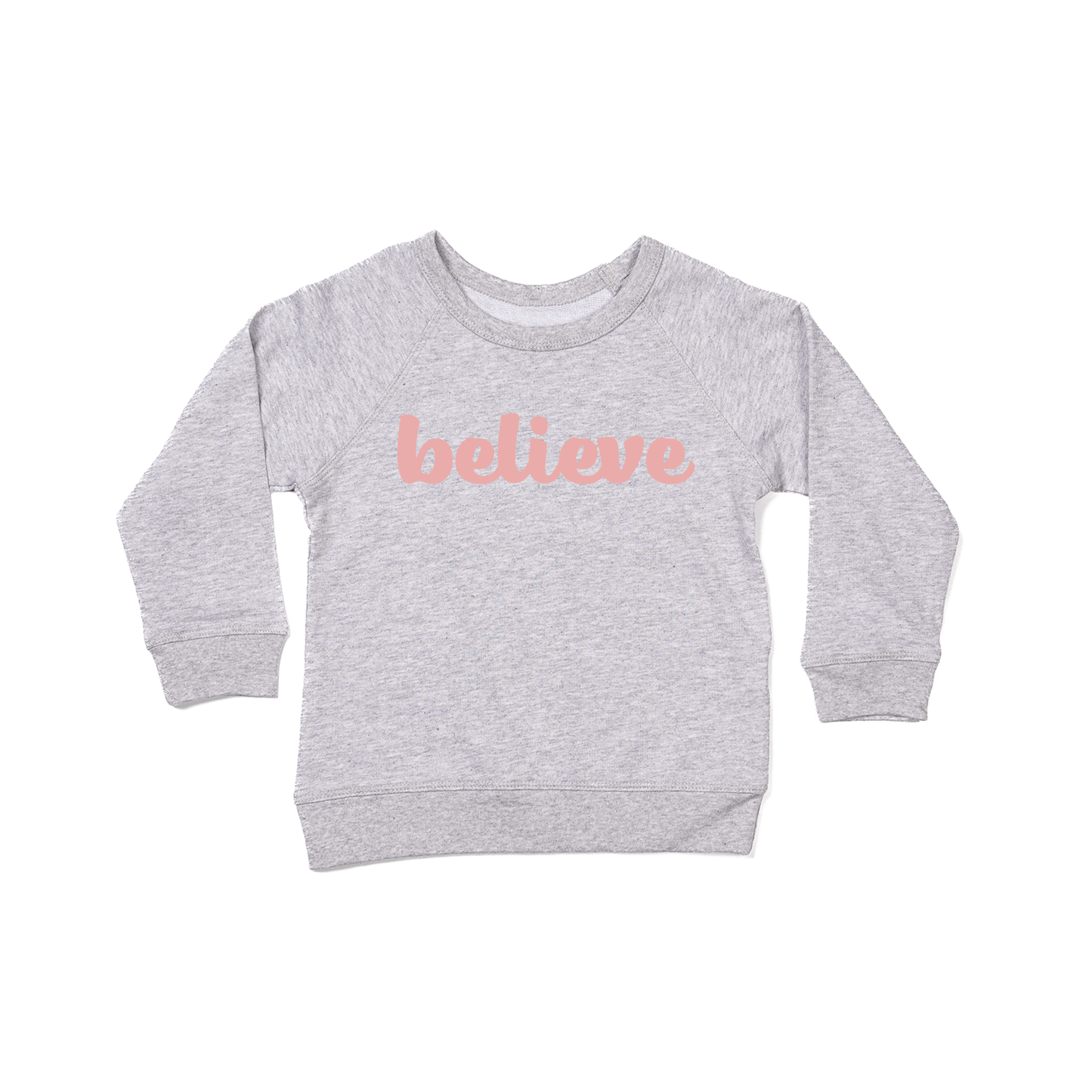 Believe (Thick Cursive, Pink) - Kids Sweatshirt (Heather Gray)