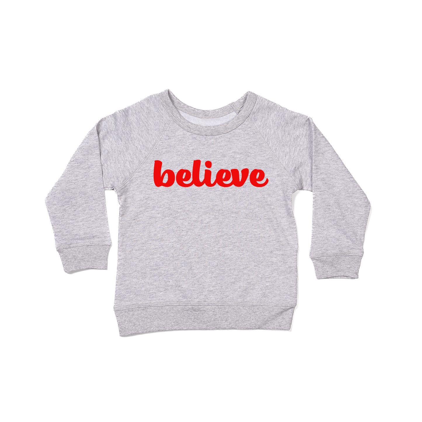 Believe (Thick Cursive, Red) - Kids Sweatshirt (Heather Gray)