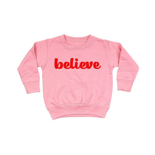Believe (Thick Cursive, Red) - Kids Sweatshirt (Pink)