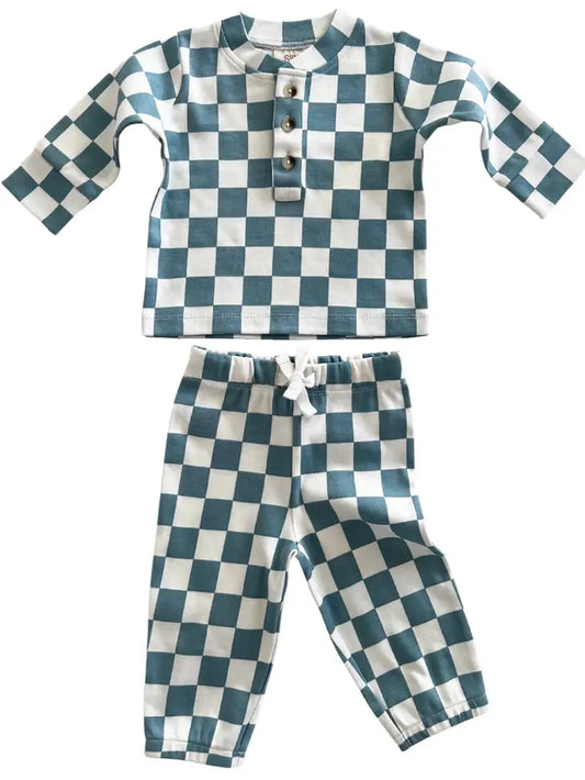 Blueberry Muffin Checkerboard - Organic Wells Top + Pant Set