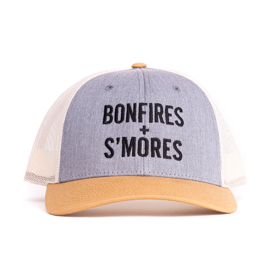 Bonfires + S'mores (Black) - Trucker Hat (Birch/Gray/Mustard)