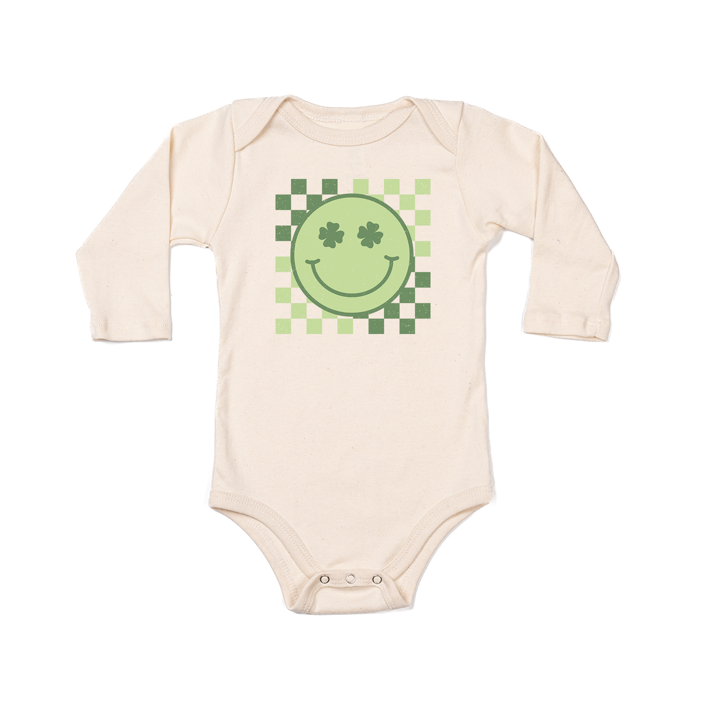 Checkered Smiley (St. Patrick's) - Bodysuit (Natural, Long Sleeve)