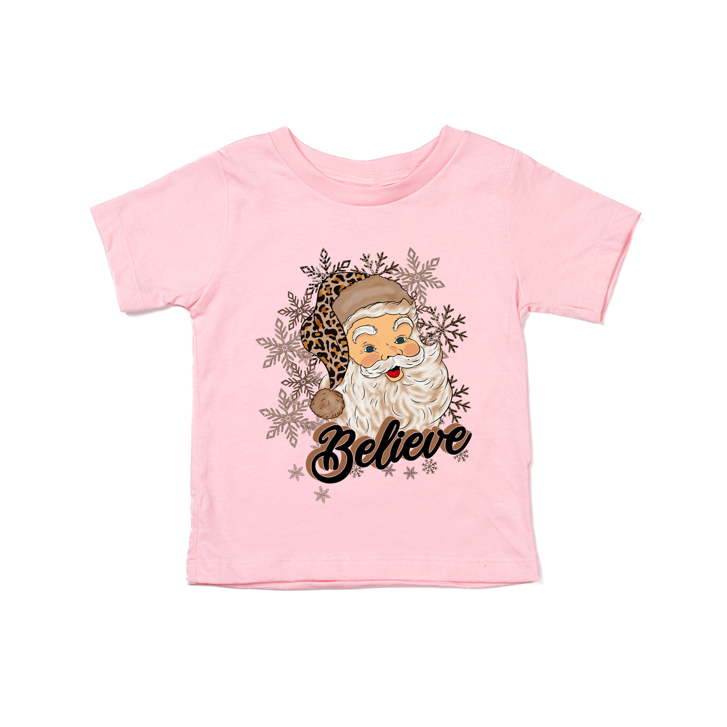 Believe Leopard Santa - Kids Tee (Pink)