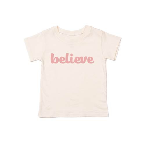 Believe (Thick Cursive, Pink) - Kids Tee (Natural)