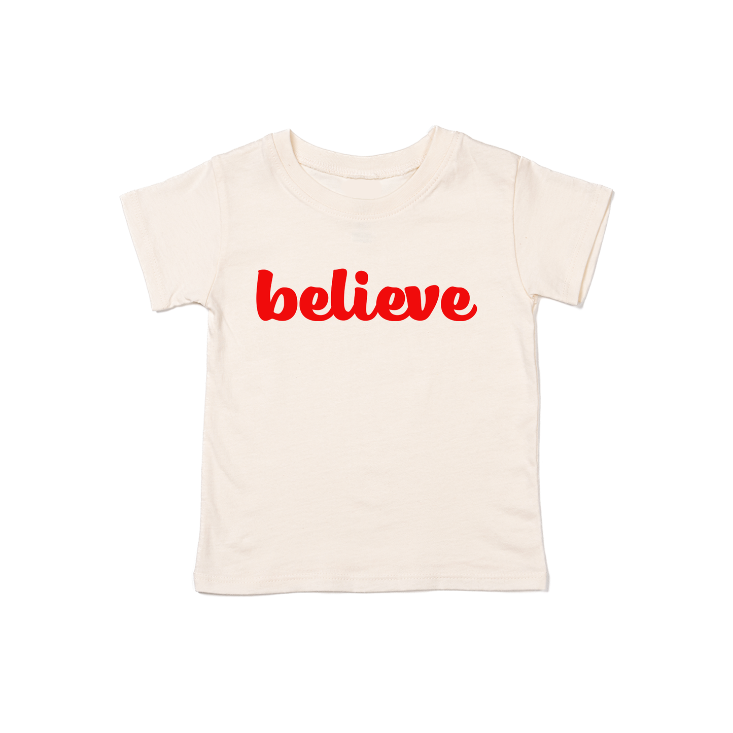 Believe (Thick Cursive, Red) - Kids Tee (Natural)