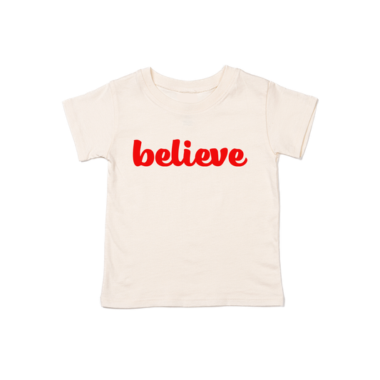 Believe (Thick Cursive, Red) - Kids Tee (Natural)