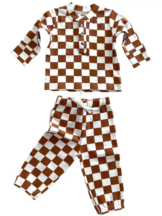 Cinnamon Checkerboard - Organic Wells Top + Pant Set