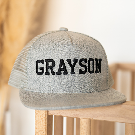 Custom Embroidered Name - Kids Trucker Hat (Heather Light Gray)