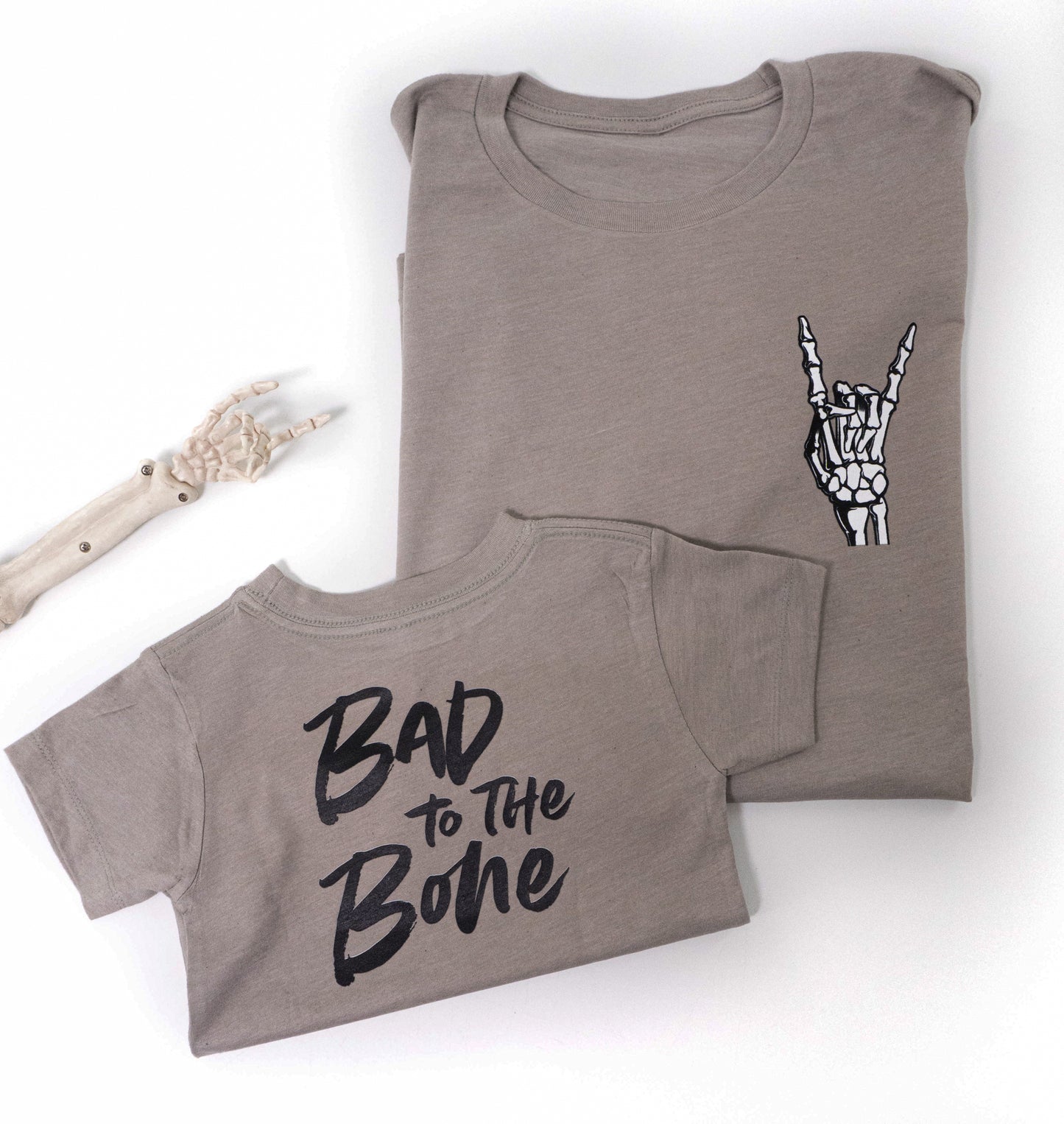 Bad to the Bone (Front and Back) - Kids Tee (Pale Moss)