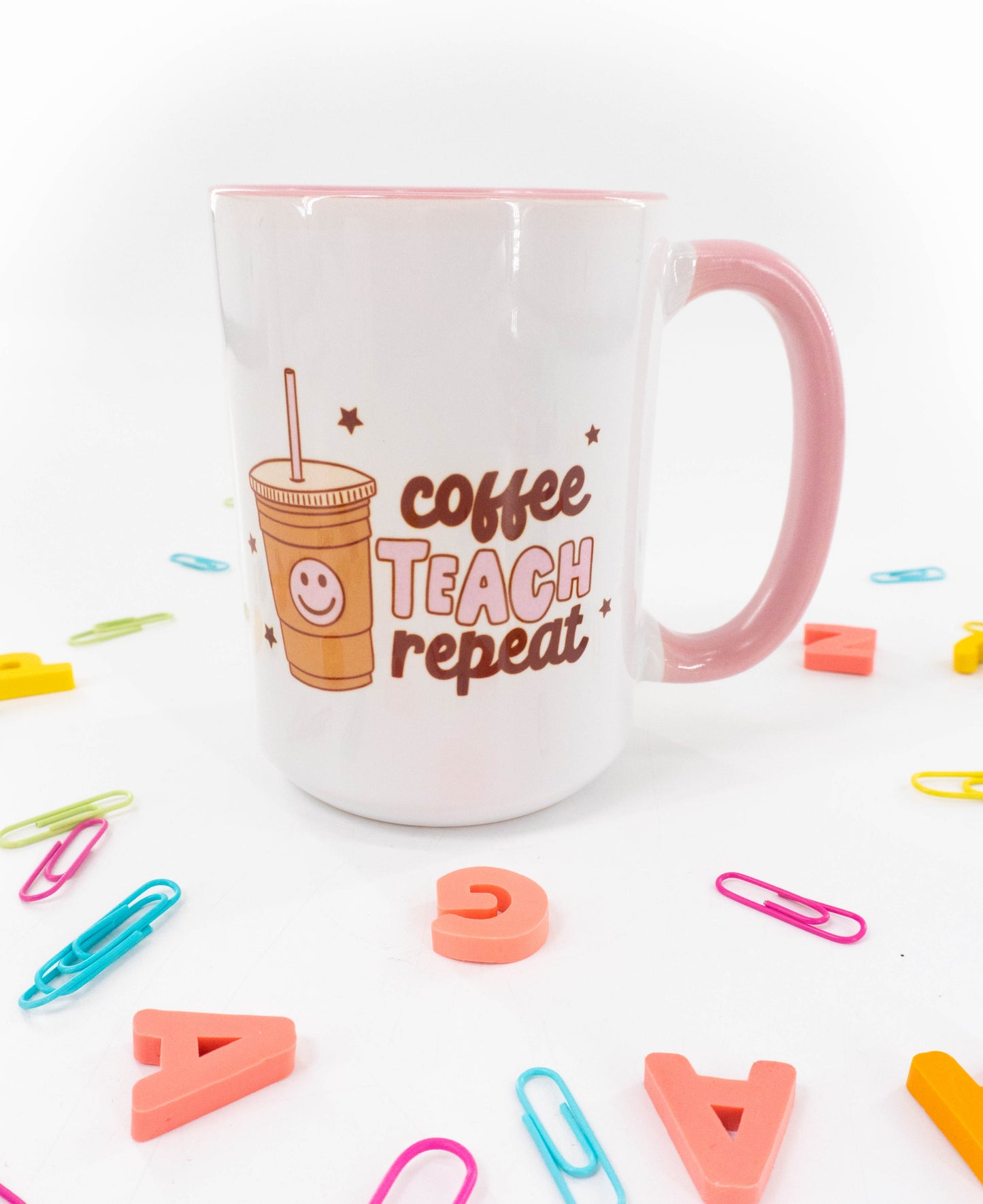 Coffee, Teach, Repeat - Coffee Mug (Pink Handle & Inside)