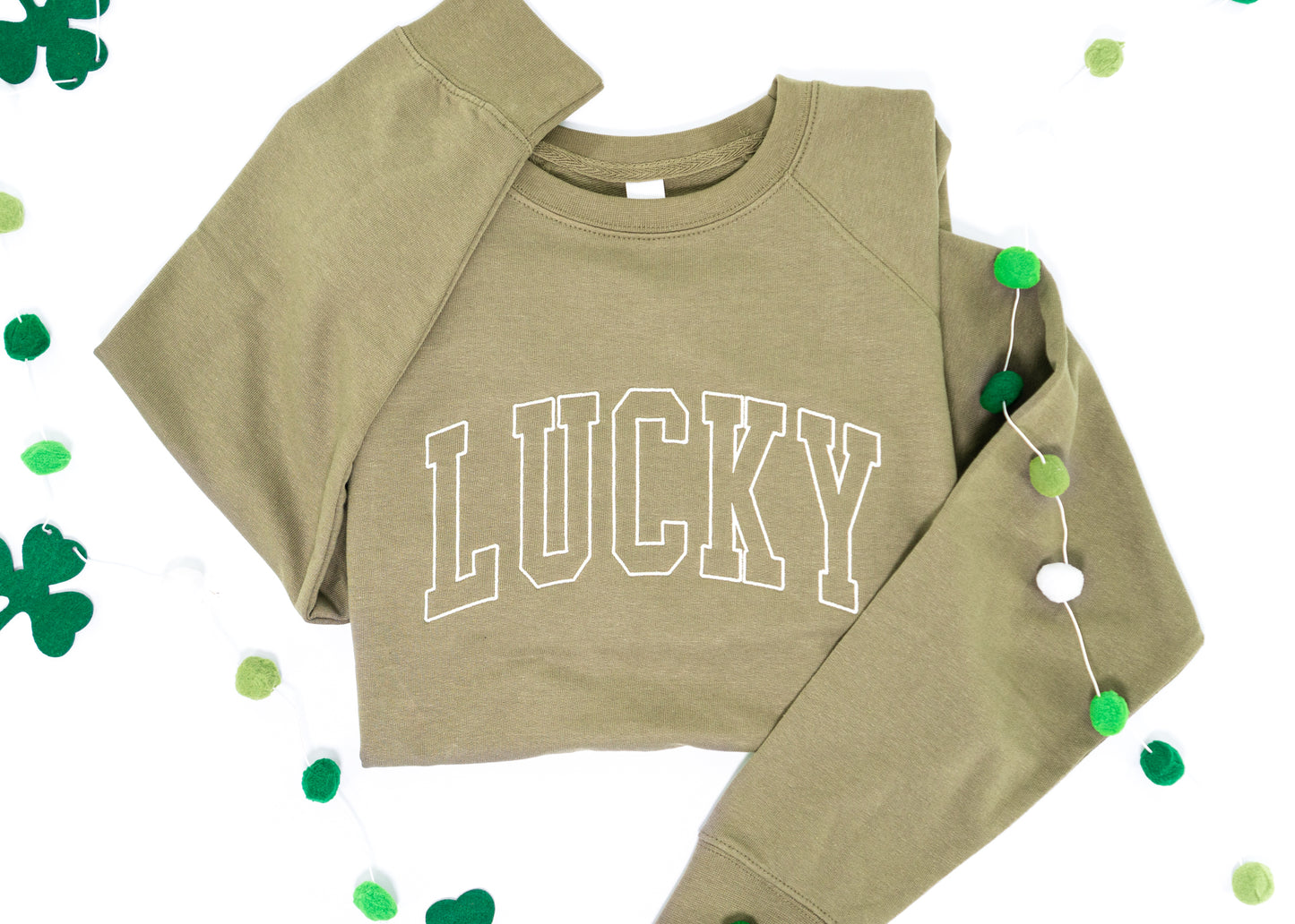Lucky Varsity (St. Patrick's) - Embroidered Lightweight Sweatshirt (Olive)