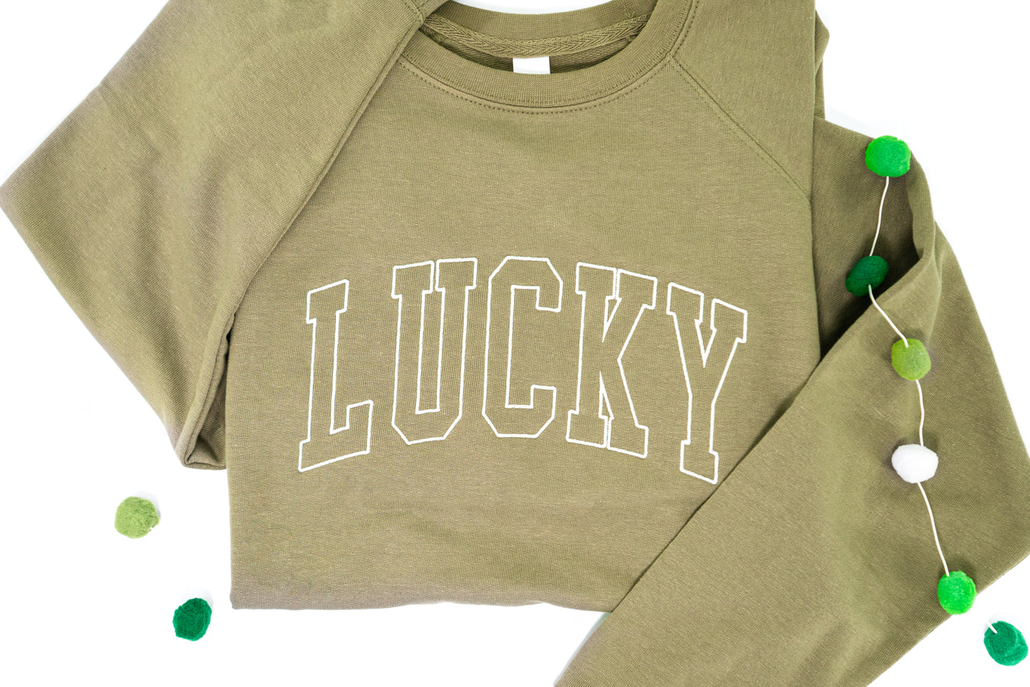 Lucky Varsity (St. Patrick's) - Embroidered Lightweight Sweatshirt (Olive)