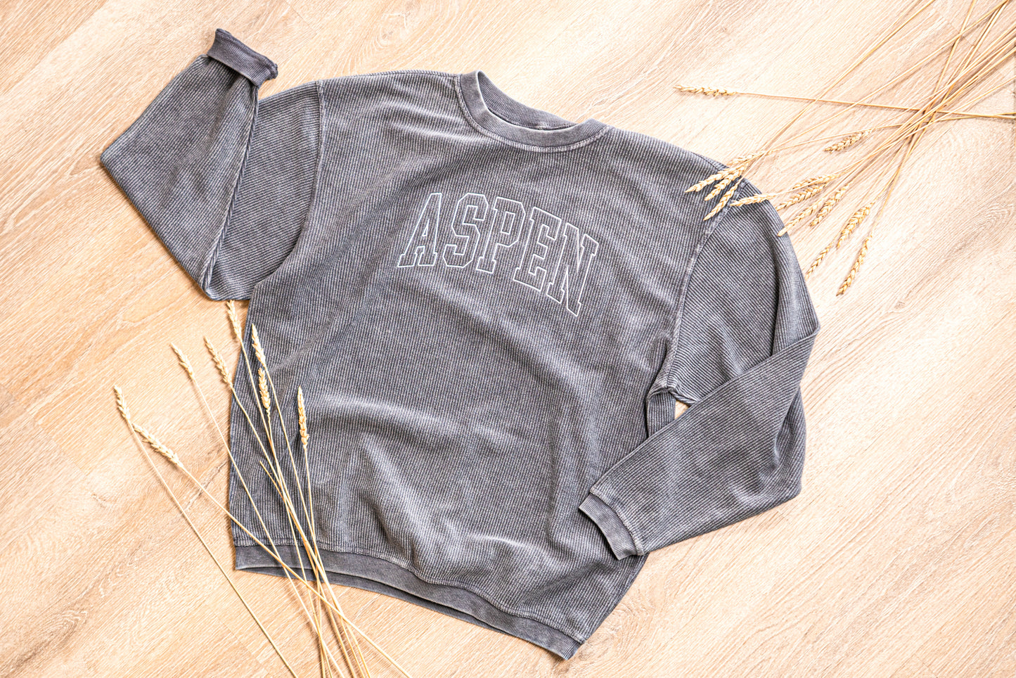 ASPEN (Varsity, White) - Embroidered Corded Sweatshirt (Charcoal)