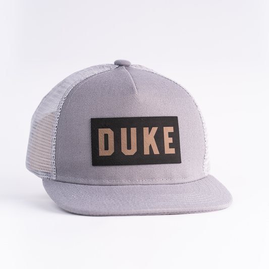 DUKE (Leather Custom Name Patch) - Kids Trucker Hat (Light Gray)