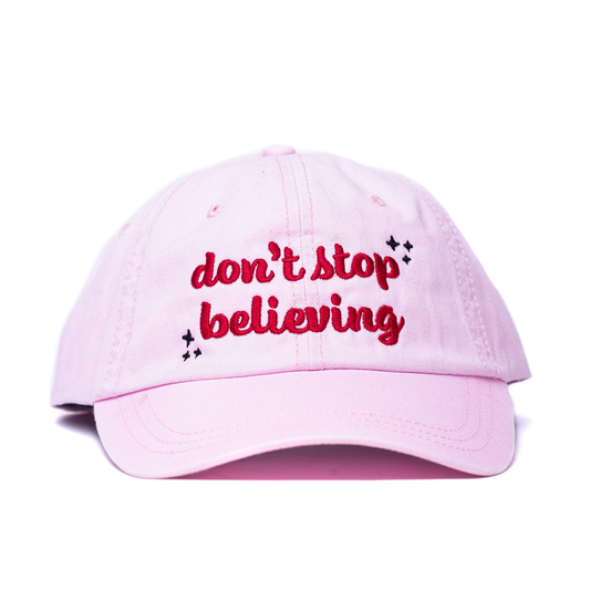 Don't Stop Believing (Red/Black) - Baseball Hat (Light Pink)