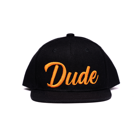 Dude (Orange, 3D Puff) - Kids Trucker Hat (Black)